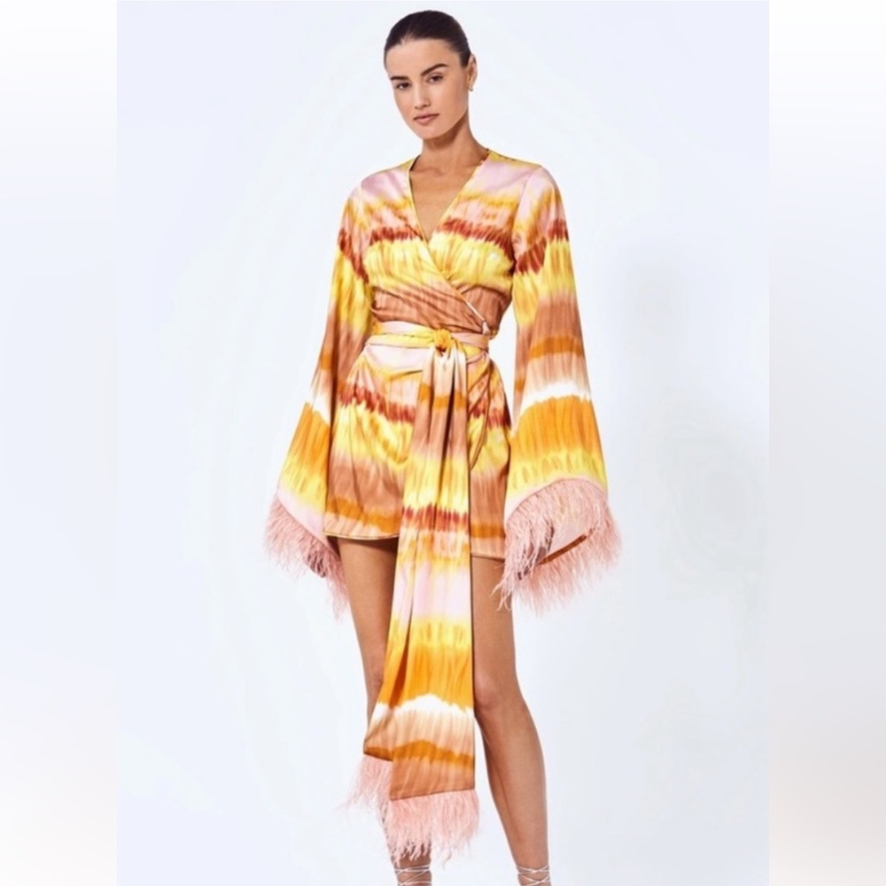 Vibrant Orange and Yellow Mini Dress with Feather Details